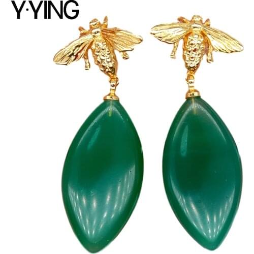 Y·YING natural Marquise green stone Gold Color plated cz pave Beetle Stud Earrings ethnic style for women