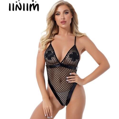 Women Swimwear Sexy Lingerie See-through Hollow Out Fishnet Bodysuit Patent Leather Patchwork High Cut Thongs Leotard Swimsuit