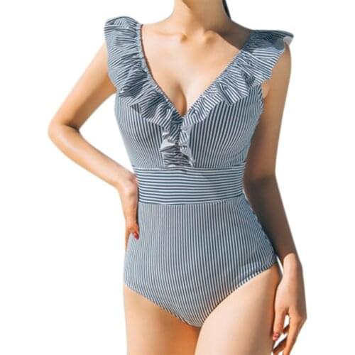 Sexy Female Retro V Neck Blue Striped Swimsuit One Piece Ruffled Push Up Padded High Waist Swimwear Women