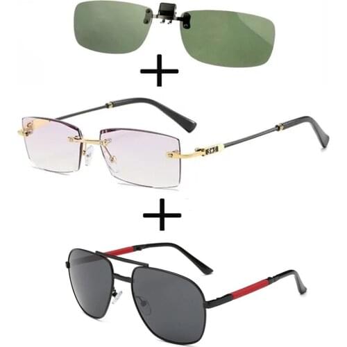 3Pcs!!! Rimless Frameless Luxury Reading Glasses for Men Women + Alloy Polarized Sunglasses Pilot Foldable+ Sunglasses Clip
