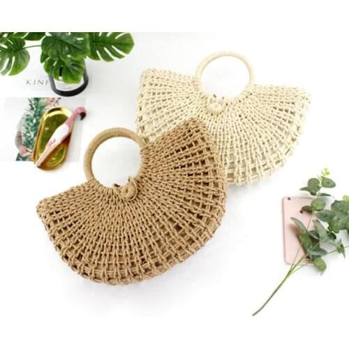 Aaby 2021 New Summer handmade Bags Women Pompon Beach Weaving Straw Bag Wrapped Bag Moon shaped Causal Tote Bag