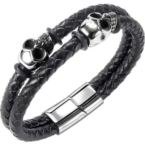 Cyue European Fashion Black Leather Braided Skull Charm Bracelet Stainless Steel Magnetic Button Wristbands For Men Jewelry