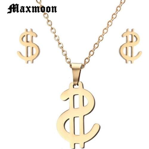 Maxmoon Fashion Unique Stainless Steel Gold Color Dollars Money Symbol Pendant Necklace Earrings Set for Women Gift Jewelry Sets