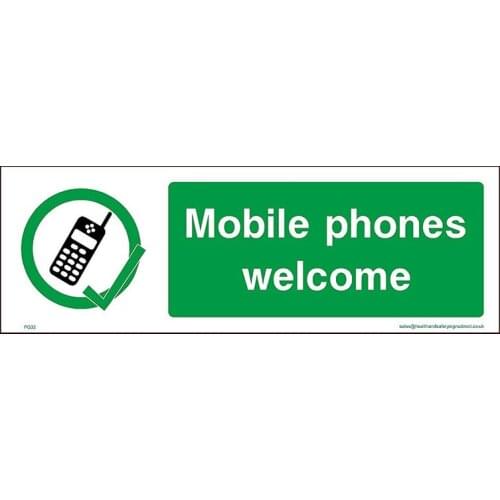 Mobile phones welcome Plastic Sign with double sided fixing tape (PG32) - No Dogs, Employees, Mobiles, Food & Drink, Vehicle