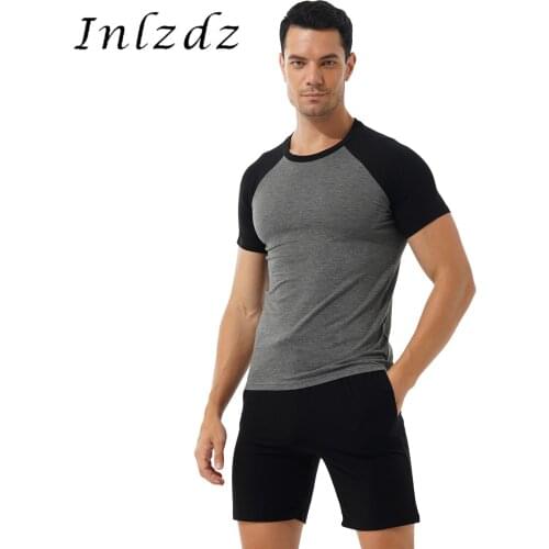 Mens Male Casual Two-piece Pajama Set Contrast Color Sleepwear Homewear Short Sleeve T-shirt with Drawstring Shorts Loungwear