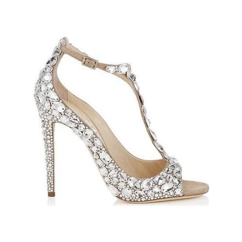 Newest Designer Bling Bling Crystal T-strap High Heel Sandals Peep Toe Cut-out Women Party Dress shoes woman Elegant Dress shoes