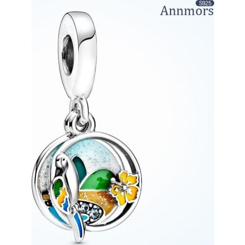 Beach and Parrot Pendant 925 Sterling Silver Fits Pandora Charms Bracelets for Woman Girl Beads Gifts for Women and Necklace