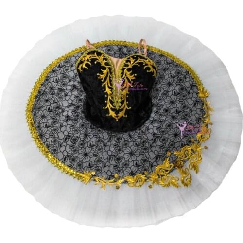 Professional Ballet Tutu Black White with Gold Women Adult Paquita Classical Ballet Stage Costume,Ballerina Pancake Tutu Skirt