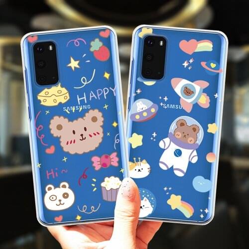 Cute Smile Space Bear Label Phone Case For Samsung Galaxy S20 FE S21 Ultra S10 Lite S9 S8 Plus S7 Edge S10E Clear Silicone Cover