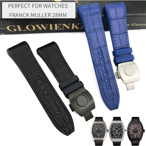 28mm Genuine Cowhide Nylon Black Blue Watchband Silicone Folding Buckle Replacement Bracelet Suitable for Franck Muller Watch