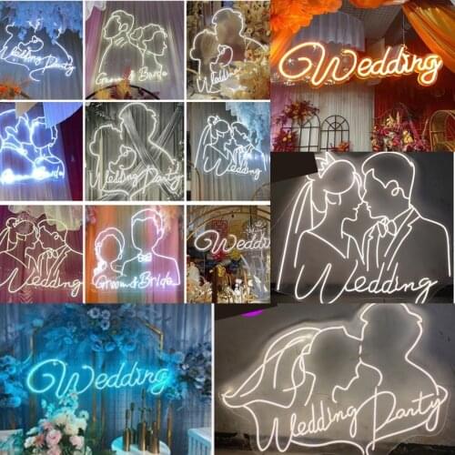 Wedding Couple Silhouette Luminous Head Portrait Acrylic Neon Letter Marry Logo Props For Stage Background Decoration