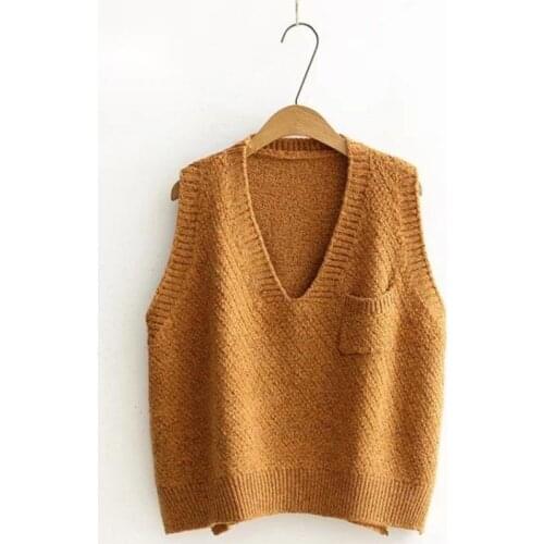 Urifens Autumn And Winter 2020 Korean V-neck Sleeveless Knit Sweater Vest Women Loose Oversized Pocket Waistcoat Jumper BN42U