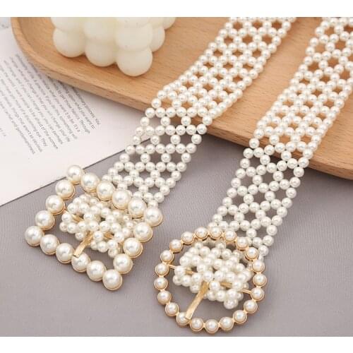 High Quality Luxury Fashion Brand New Elegant Inlaid Pearl Girdle Decoration Wide Woman Belt Dress Elastic Chain Belt Lassie