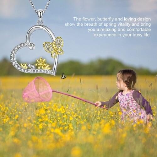 925 Sterling Silver Heart Shape Butterfly Golden Sunflower Chain Pendant Necklace Fashion Jewelry for Women Gift Free Ship