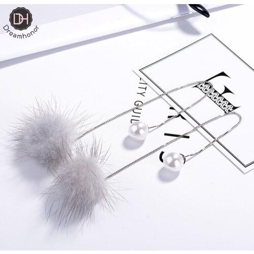 Dreamhonor 2021 Trendy Fashion Hairball With Pearl Dangle Earrings for Women 925 Sterling Silver Chain Long Drop Earring Jewelry