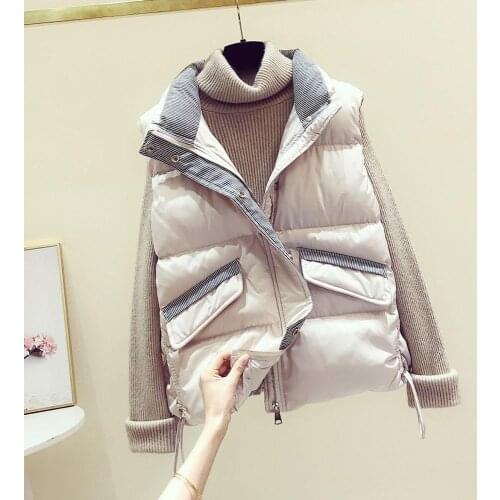 Down Cotton Waistcoat Women Autumn Winter Korean Striped Plaid Sleeveless Vest Jacket Female Cotton Vest Waistcoat Pocket Q282