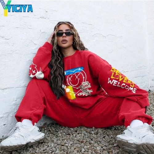 2021 Spring Autumn Plus Size Red Letter Print 2 Piece Set Women Elastic Waist O Neck Long Sleeve Streetwear Pullover Casual Suit