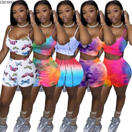 CM.YAYA women tracksuit tie dye butterfly print spaghetti strap tops shorts jogger sweatpants suit two piece set matching set