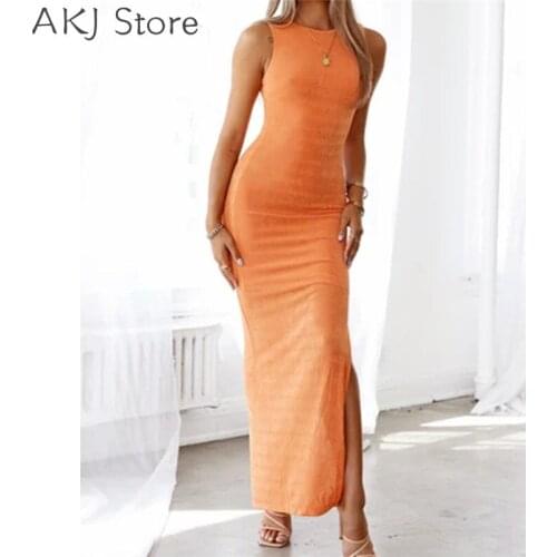 Women Solid Color Slim Back Hollow Hem Slit Sleeveless Midi Dress