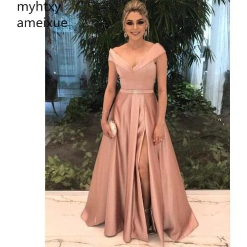 2020 Sexy Elegant Plus Size Evening Dresses V-neck Shoulder Floor Length Side Split Evening Gowns Custom Made Robe De Soiree