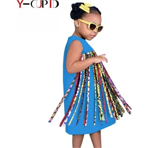 African Clothes for Kids Summer Casual Children Girls 100% Cotton Sleeveless Wax Print Tassel Dresses Bazin Riche Party YA194002