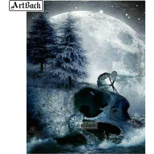 5d diy diamond painting skull big moon full square & round diamond mosaic death horror icon canvas diamond embroidery crafts