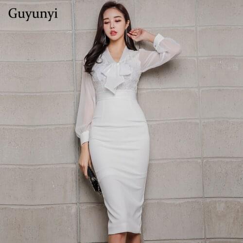 White Pencil Office Dress 2021 Spring Elegant Women Party Dress Chiffon Long Puff Sleeves Lace Stitching High Waist Tight Dress