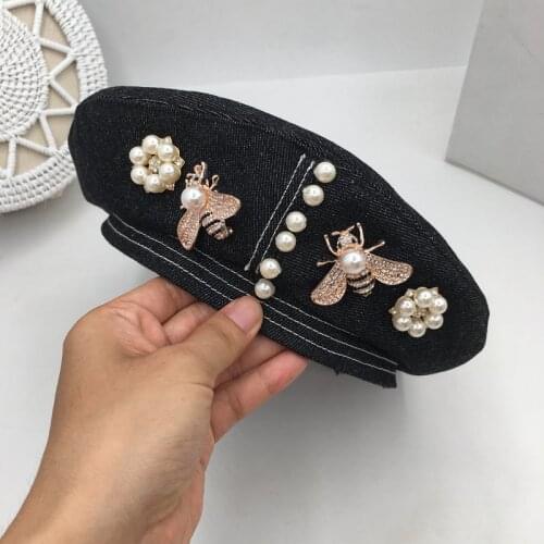 Black beret female denim hat badge pearl office lady restoring ancient ways British summer berry buds cap for women