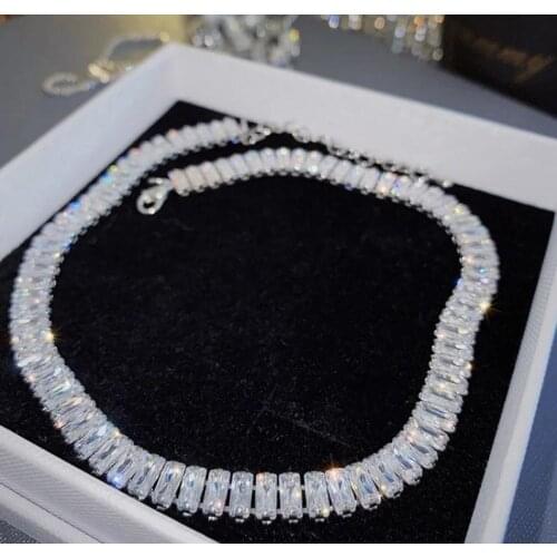 Iced out Bling Square Baguette Cubic Zirconia CZ tennis chain Choker Necklace women hip hop Wedding Engagement jewelry wholesale