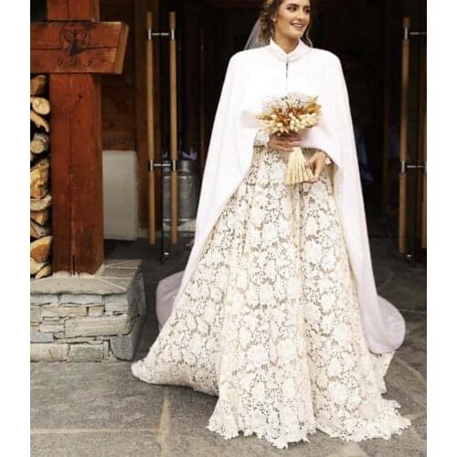 Elegant Robe De Mariee Illusion O Neck Long Sleeve Lace Ball Gown Wedding Dresses with Cape