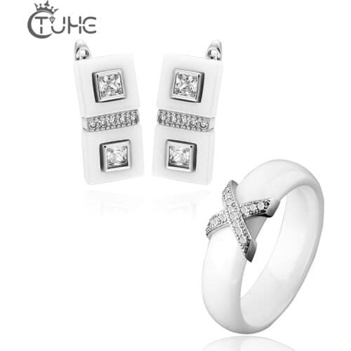 Elegant Women Ceramic Jewelry Set Rectangle Crystal Earrings With X Cross Ceramic Ring 6mm Width Wedding Engagement Jewelry Gift