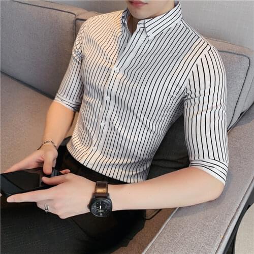 Quality Summer Half Sleeve Striped Shirts Men Clothing 2021 Simple Slim Fit Business Formal Wear Tuxedo Dress Chemise Homme 4XL