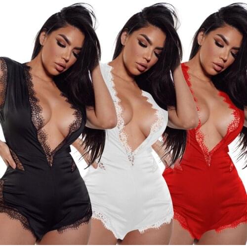 Lace Trim Playsuit Solid Color Mesh Stitching Deep V Gauze Sexy Bodycon One Piece Shorts Romper Clubwear Women Summer