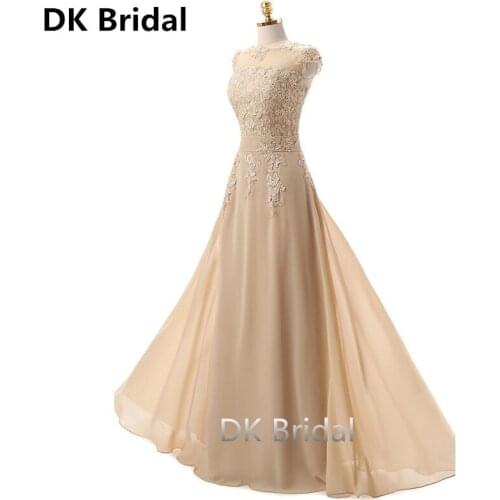 Champagne Lace Appliques Beading Chiffon Long Evening Dresses Formal Party Prom Gowns Prom Dress Robes De Soiree 2019