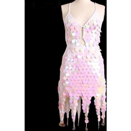 Summer Holographic Sequin Dress Rave Festival Clothes Outfits Wear Vintage Ladies Party Dress