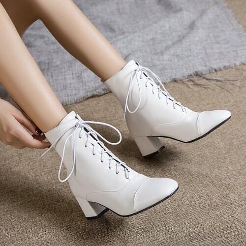 YMECHIC Fashion 2019 High Block Heels Knight Biker Womens Ankle Boots Winter White Black Lace Up Goth Shoes Plus Size Bootie