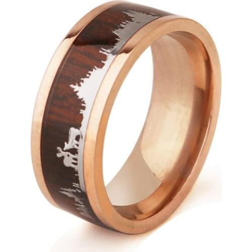 Stainless steel wood grain ring 8MM mens titanium steel hand ornament Christmas tree elk jewelry Christmas ring foreign trade