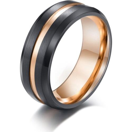 Mens Ring 8mm Black Matte Finish Rings Rose Gold Color Groove Wedding Bands Stainlss Steel Jewelry Size 7-12