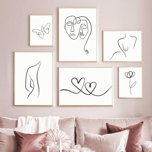 Wall Art Canvas Painting Line Drewing Flower Heart Lover Black White Nordic Posters And Prints Wall Pictures For Living Room