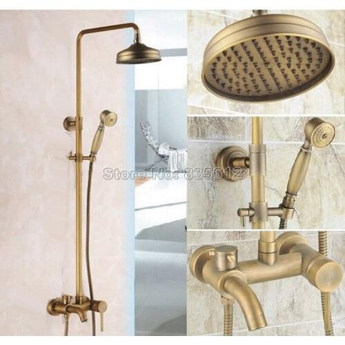Wall Mounted Antique Brass Rain Shower Faucet Set with Handheld Shower & Single Handle Bathroom Bathtub Mixer Taps Wrs184