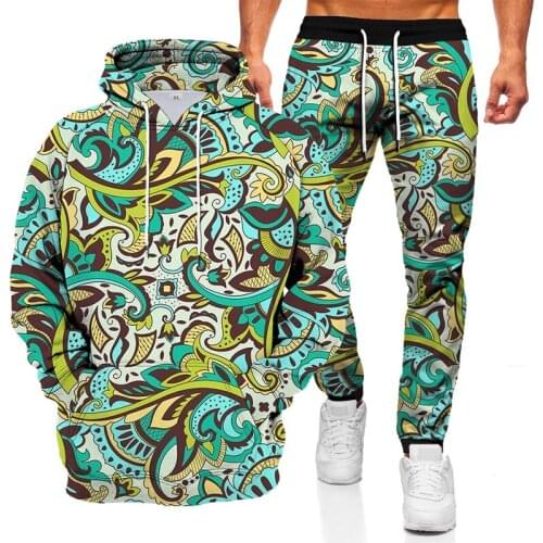 New European and American sportswear suit mens casual two-piece 3D retro printing suit spring and autumn sweater mens jacket