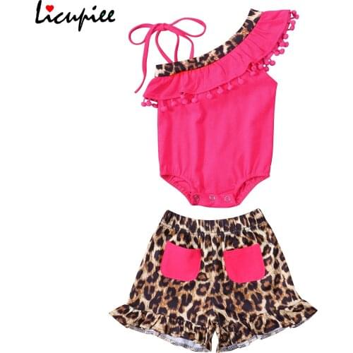 0-12 Months Solid Baby Girl Infant Off-shouler Romper + Shorts, Leopard Print Bandage Pocket Tassel Decoration Summer Clothing