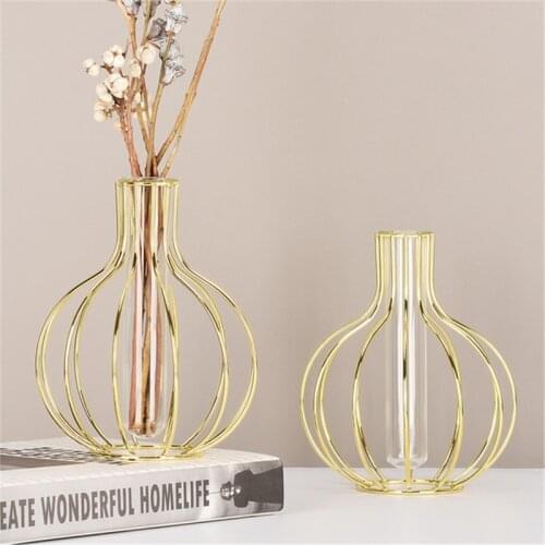 Nordic Light Luxury Wrought Iron Flower Stand Transparent Glass Test Tube Hydroponic Vase Desktop Golden Decoration Ornaments
