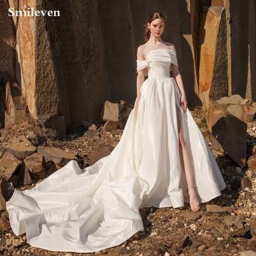 Smileven Princess Wedding Dresses High Side Split Taffeta Bridal Dresses Boho Floor Length Vestido De Noiva Wedding Gowns