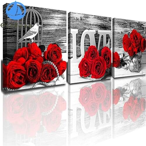 Triptych diy Diamond Painting“red rose love bird”Picture of Rhinestones Full Round Embroidery 3 Pcs mosaic Cross Stitch Wall Art
