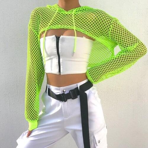 Streetwear Neon Green Mesh Fishnet Top Women Tshirt Perspective Hollow Out Smock Long Sleeve Womens T-shirts Sexy Cropped Shirt