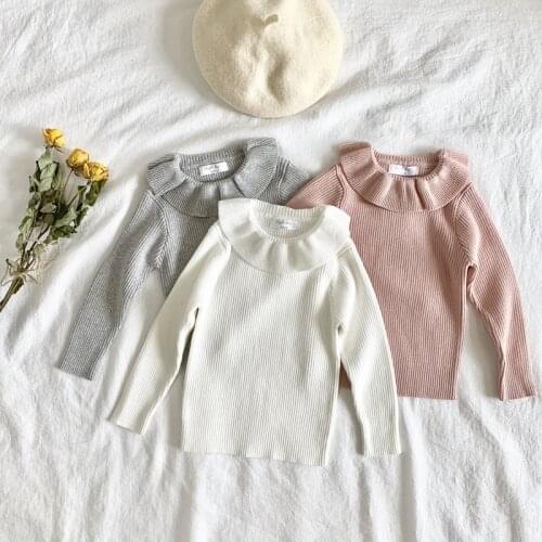 0-5Yrs Spring Baby Girls Sweater Tops Autumn Ruffle Collar Princess Girls Knitted Pullover Kids Basic Sweater Clothing Tops