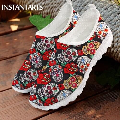 INSTANTARTS Gothic Sugar Skull With Flower Printed Women Flat Shoes Lightweight Comfort Ladies Mesh Sneaker Breathable Loafers