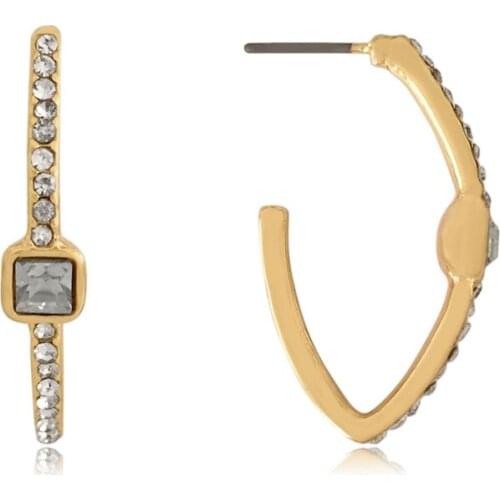 Casual Gold Color Plating Clear Stone Around Oval Medium Size Hoop Earrings For Women Girl Chic Gorgeous Party Jewelry