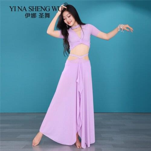 New Belly Dance Costume Womens Long Dress Performance Practice Clothes Short Sleeve Summer Training Clothes for Lady Dance Wear
